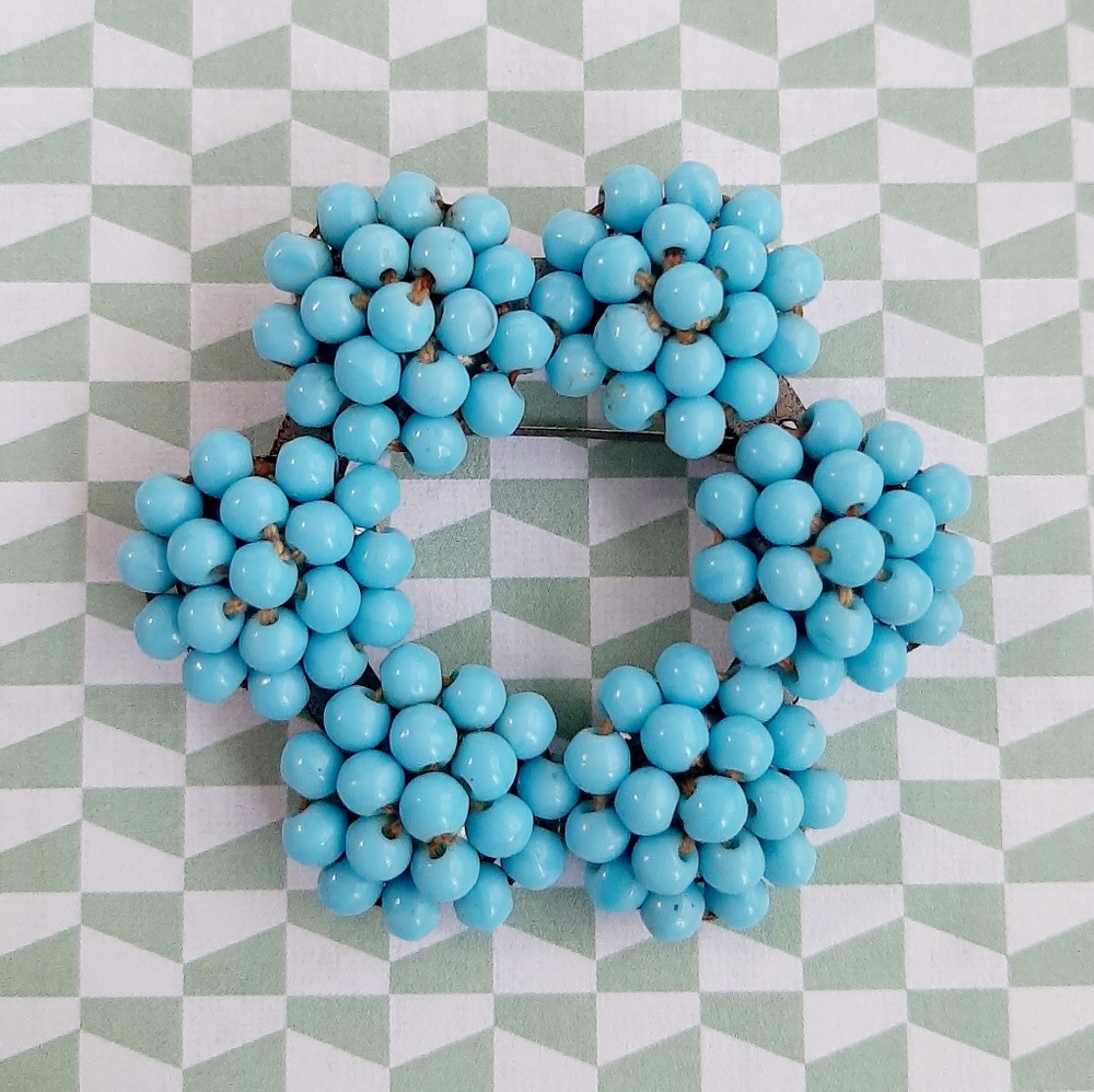 Vintage Turquoise Beaded Flower Pin Brooch Boho